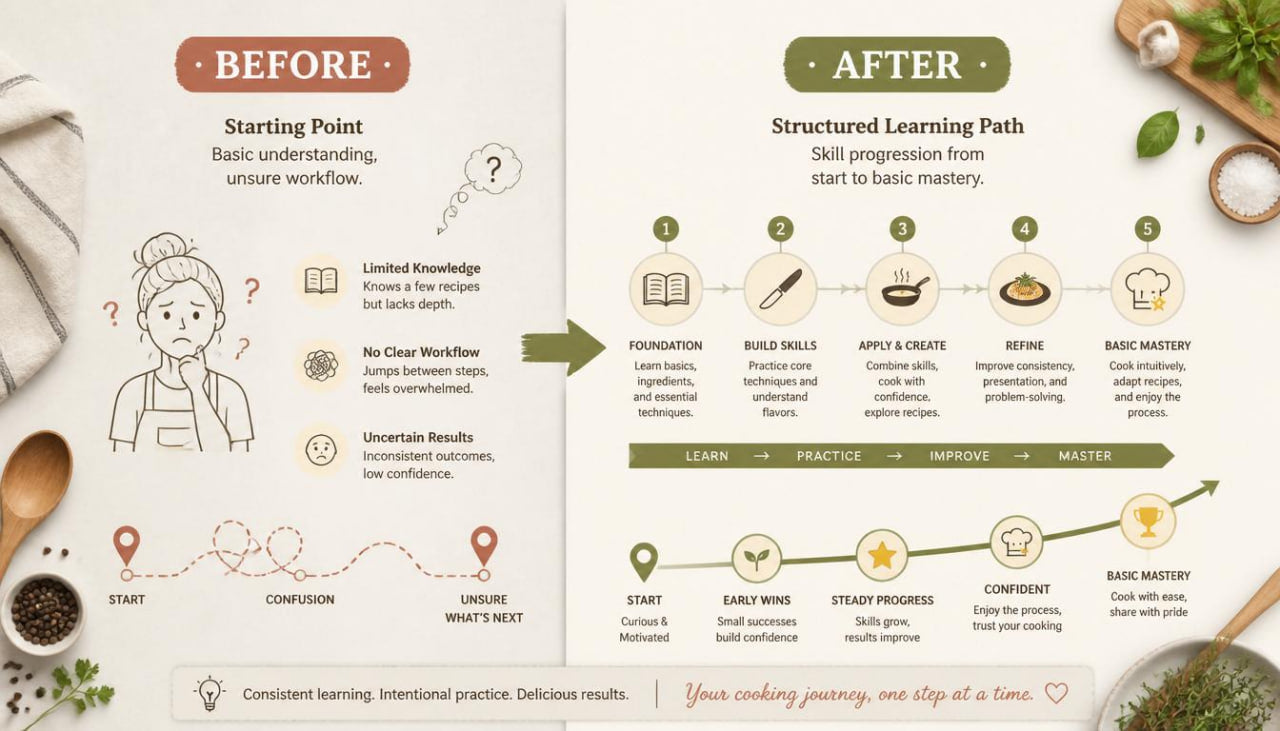 Before and after educational pathway diagram with cooking theme on a white background.