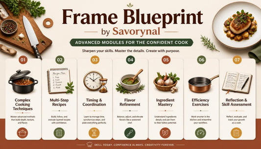 Promotional graphic for 'Frame Blueprint by Savorynal' with cooking-themed icons and text.