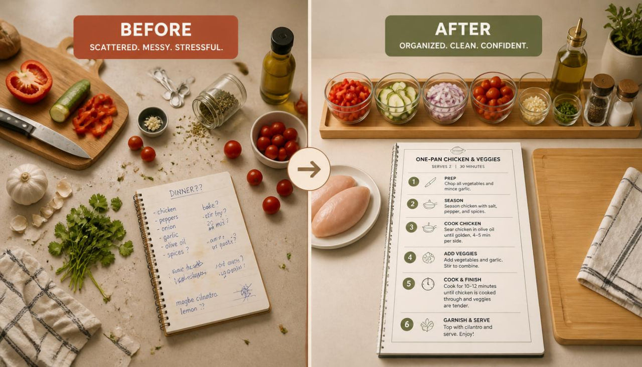 Before and after comparison of a kitchen setup with a meal plan.
