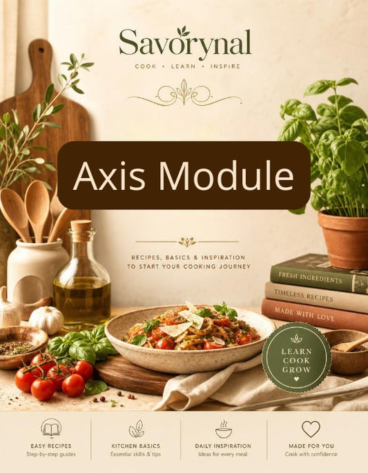 Savorynal Axis Module book cover with cooking ingredients and utensils on a neutral background