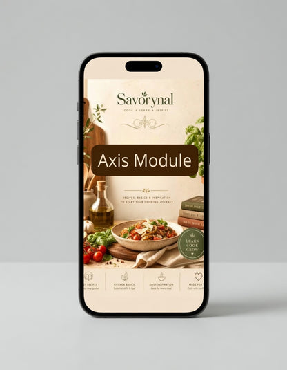 Phone displaying the Savorynal Axis Module app interface on a gray background