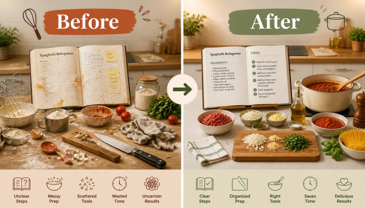 Before and after comparison of a kitchen setup with cooking ingredients and a recipe book.