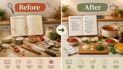 Before and after comparison of a kitchen setup with cooking ingredients and a recipe book.