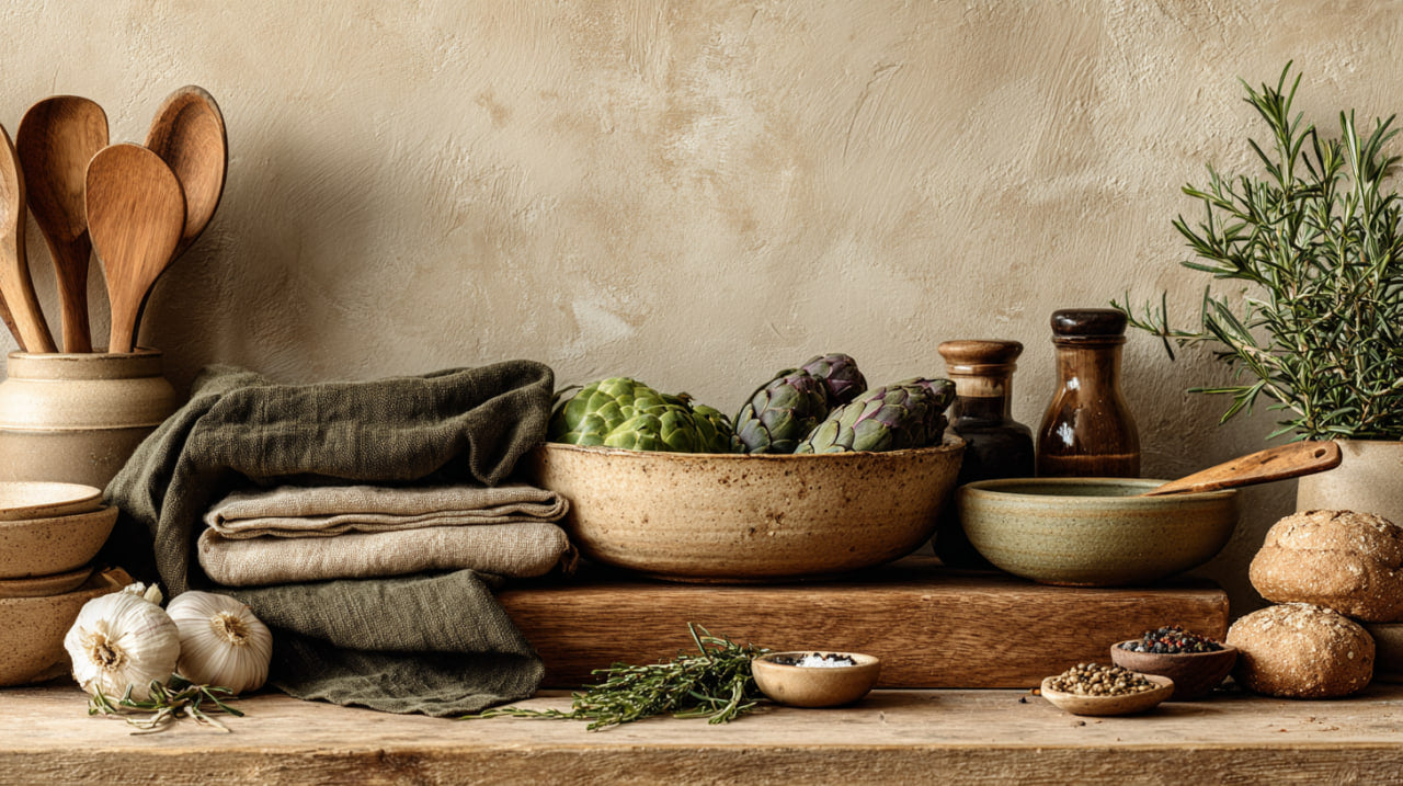 Kitchen counter with bowls, vegetables, and kitchen utensils on a neutral background