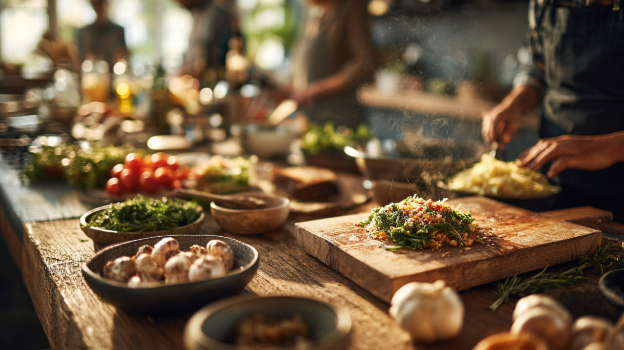 People preparing food in a kitchen with various ingredients on a counter.
