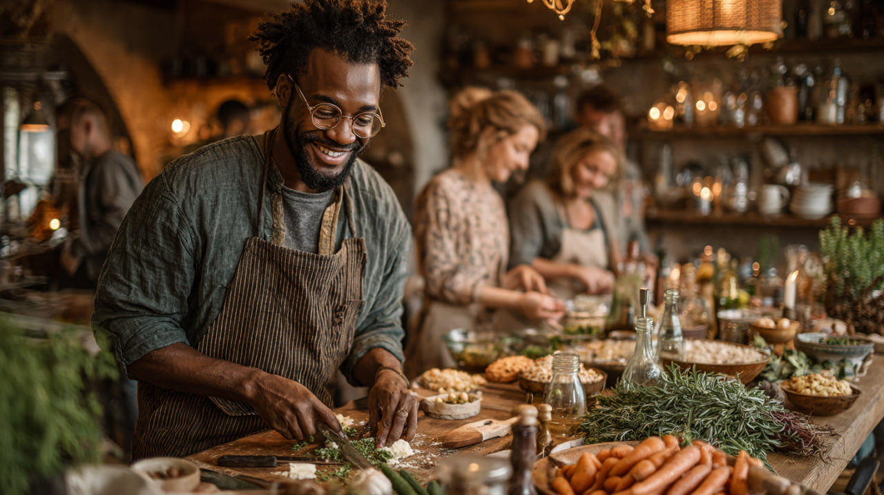 Man in a kitchen preparing food with a woman in the background