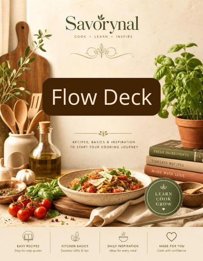 Savorynal Flow Deck cover with cooking ingredients and utensils on a neutral background