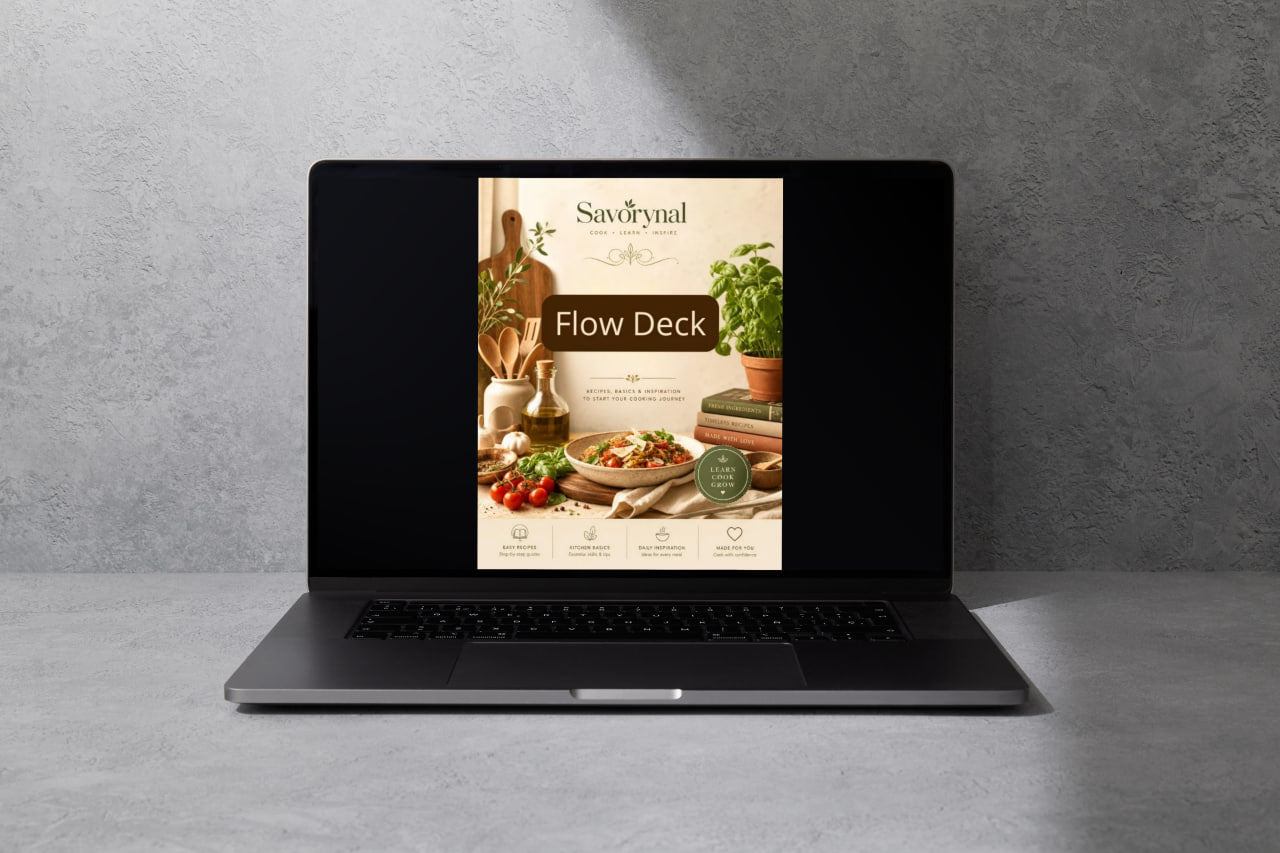 Laptop displaying a Savoryyn Flow Deck on a gray surface with a gray background