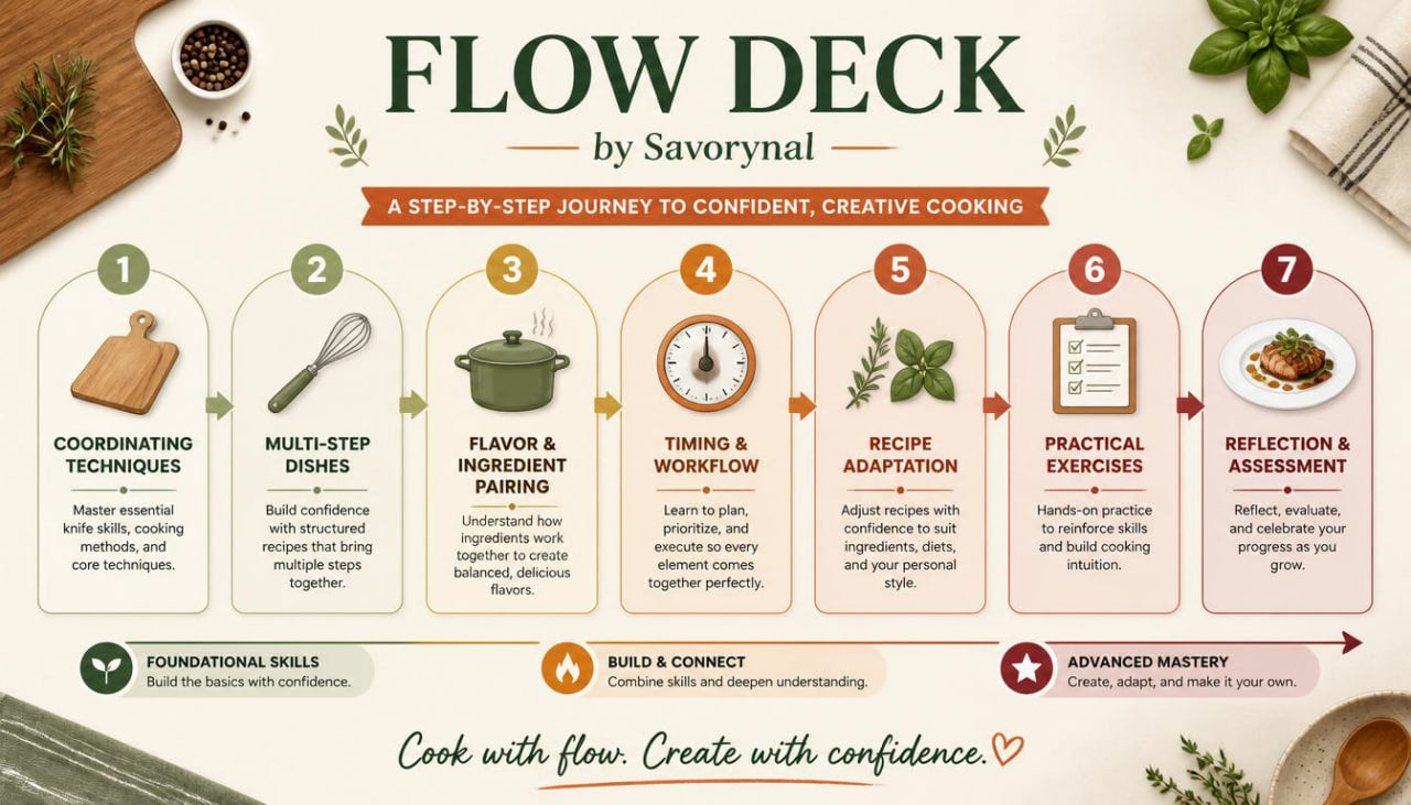 Flow Deck by Savorynal infographic on a white background with cooking-themed graphics.