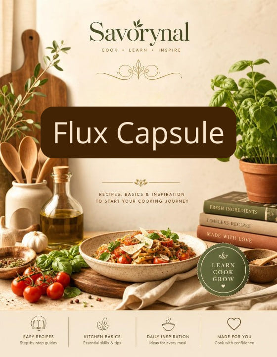 Savorynal Flux Capsule cookbook cover with cooking ingredients and utensils.