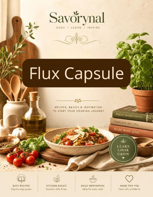 Savorynal Flux Capsule cookbook cover with cooking ingredients and utensils.