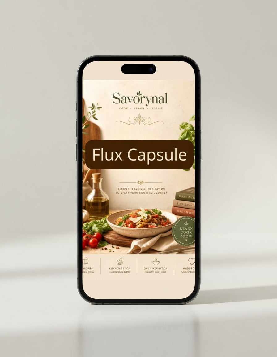 Phone displaying the Savornal Flux Capsule app interface on a light gray background