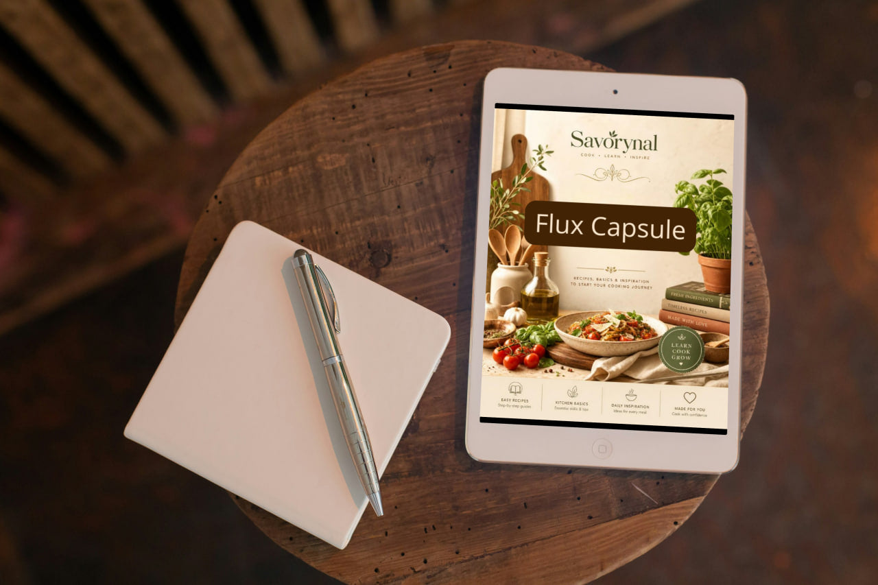 Tablet displaying a Savoryn product page on a wooden table with a notebook and pen.