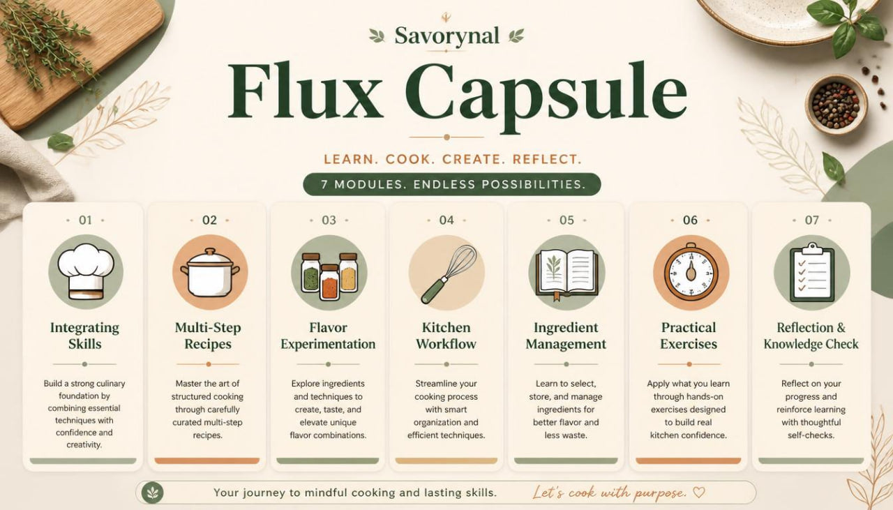Savorynal Flux Capsule course overview with icons and text on a white background
