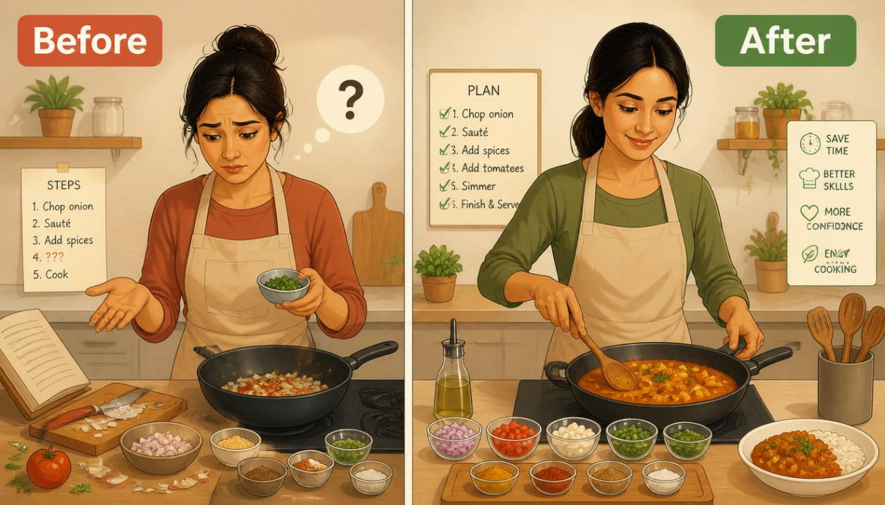 Before and after comparison of a woman cooking in a kitchen.