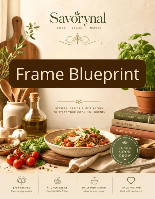Savorynal cookbook cover with cooking ingredients and a bowl of pasta.