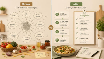 Before and after comparison of a recipe planning process with a structured plan and ingredients.