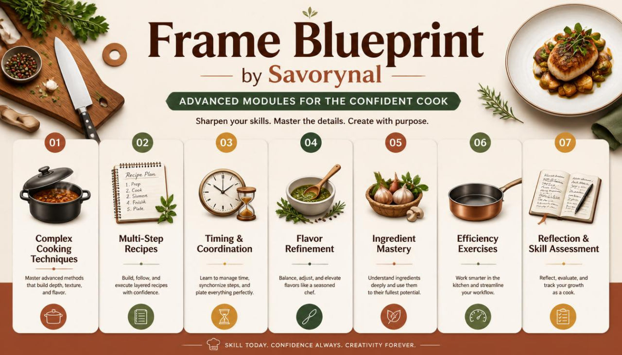 Promotional graphic for 'Frame Blueprint by Savorynal' with cooking-themed icons and text.