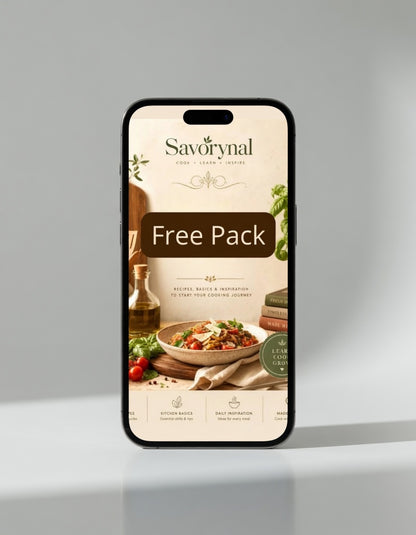 Phone displaying Savorynal app interface with a free pack offer on a gray background