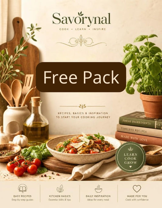 Savorynal free pack with cooking ingredients and utensils on a neutral background