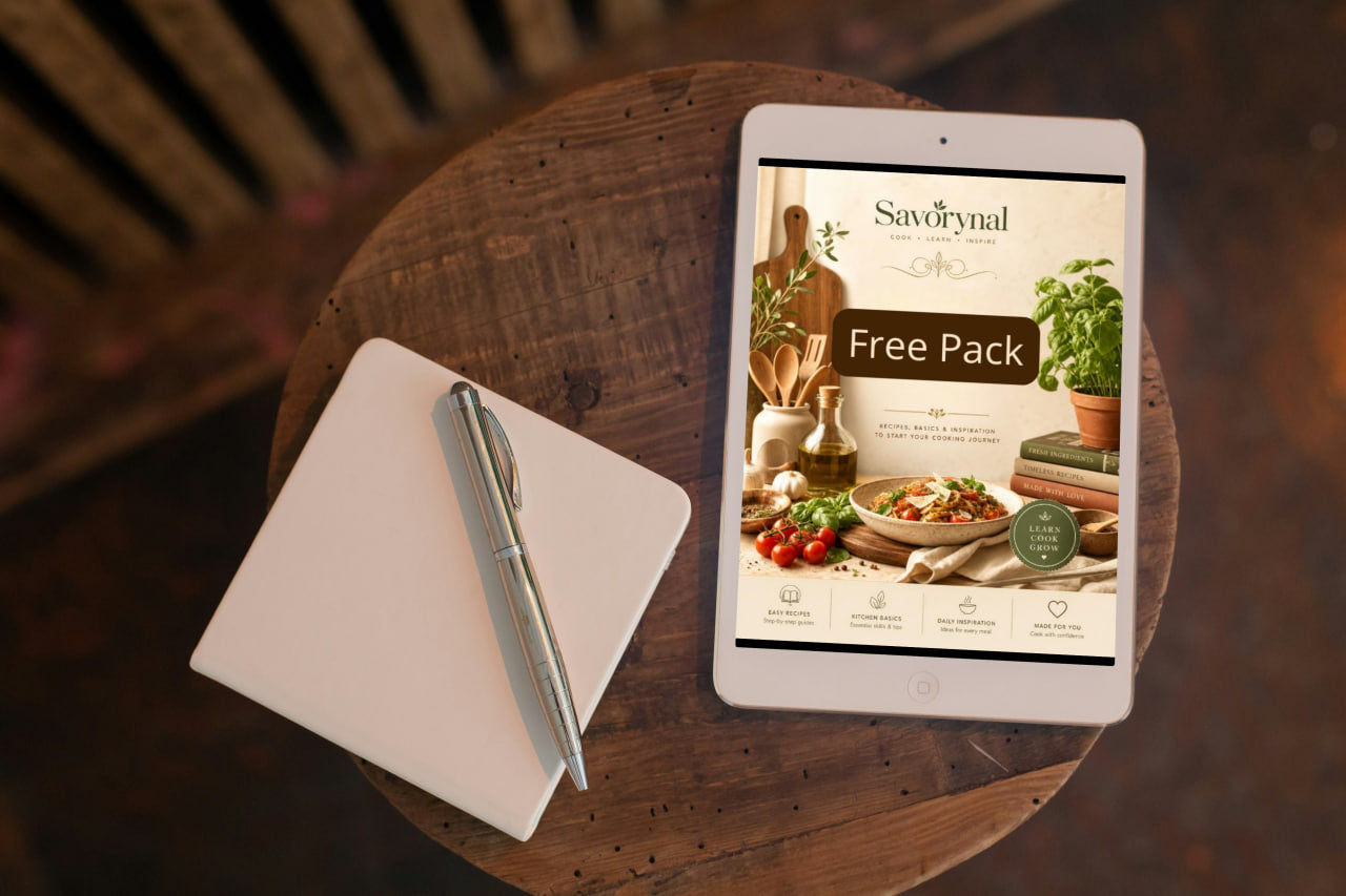 Tablet displaying a Savorynal free pack offer on a wooden table with a notepad and pen.