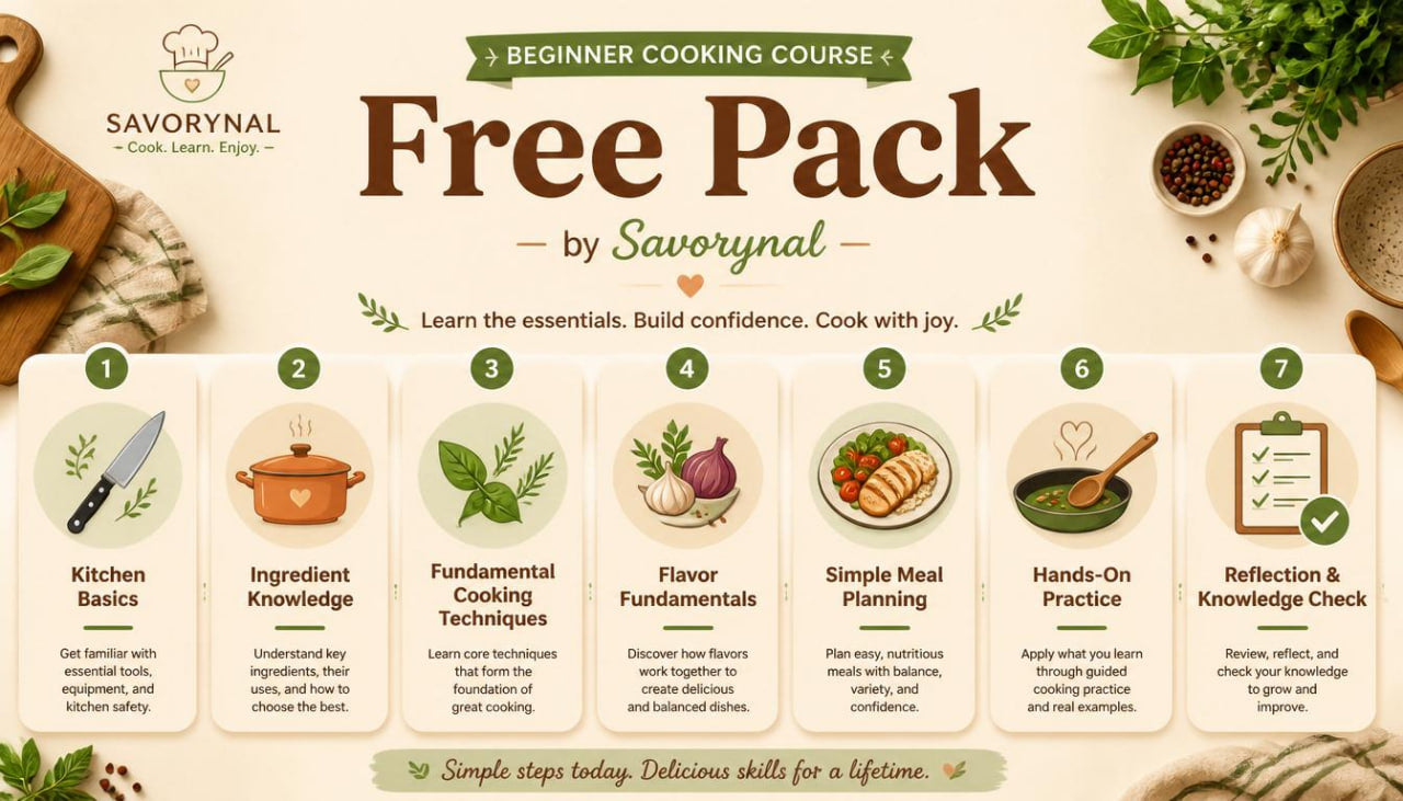 Promotional graphic for Savorynal's beginner cooking course free pack with step-by-step guide and icons.