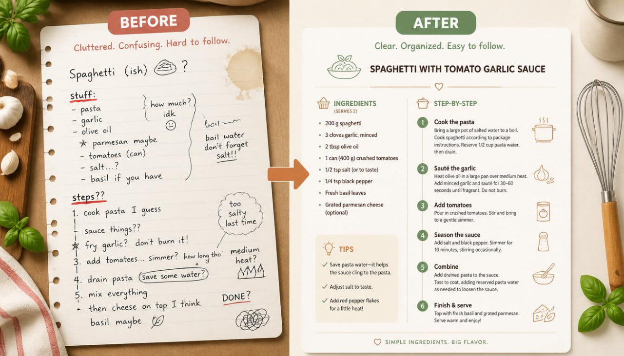 Comparison of a cluttered handwritten recipe and a clear, organized typed recipe on a wooden surface with kitchen items.