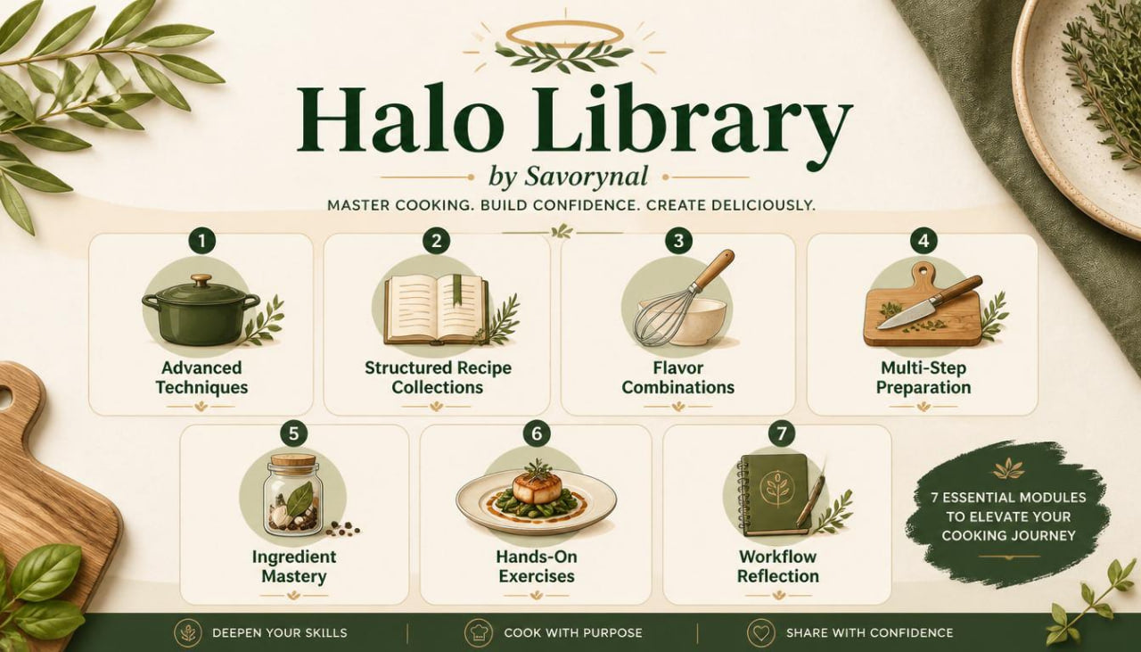 Halo Library by Savorynal cooking platform with icons and text on a white background.
