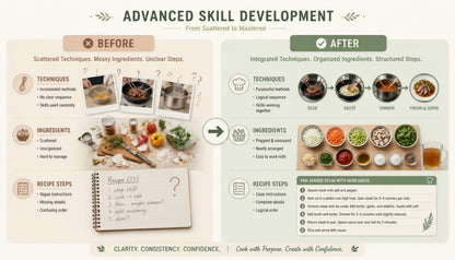 Comparison chart showing 'Before' and 'After' of advanced skill development in cooking.