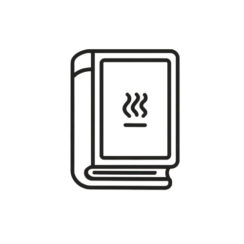 Black line drawing of a book with steam icon on a white background