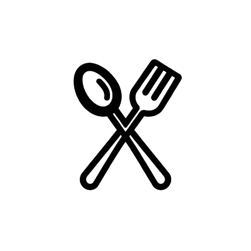 Black silhouette of a spoon and fork crossed over each other on a white background