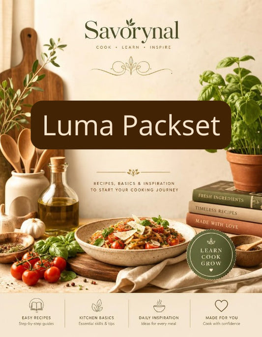 Savorynal Luma Packset cover with cooking ingredients and books on a neutral background