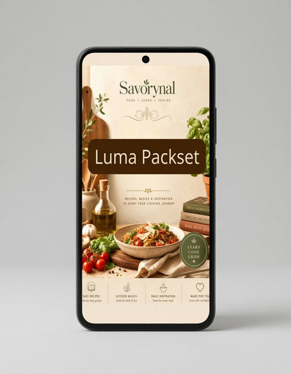 Phone displaying the Savorynal Luma Packset app interface on a gray background