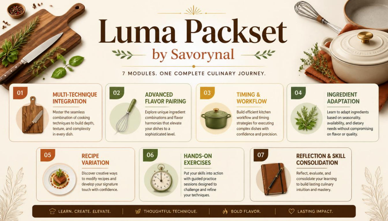 Promotional graphic for Luma Packset by Savorynal, showcasing culinary journey modules on a beige background.