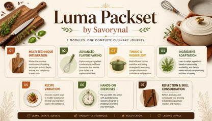 Promotional graphic for Luma Packset by Savorynal, showcasing culinary journey modules on a beige background.