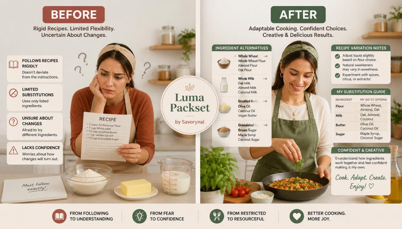 Before and after comparison of a woman using a Luma Packset recipe app in a kitchen.