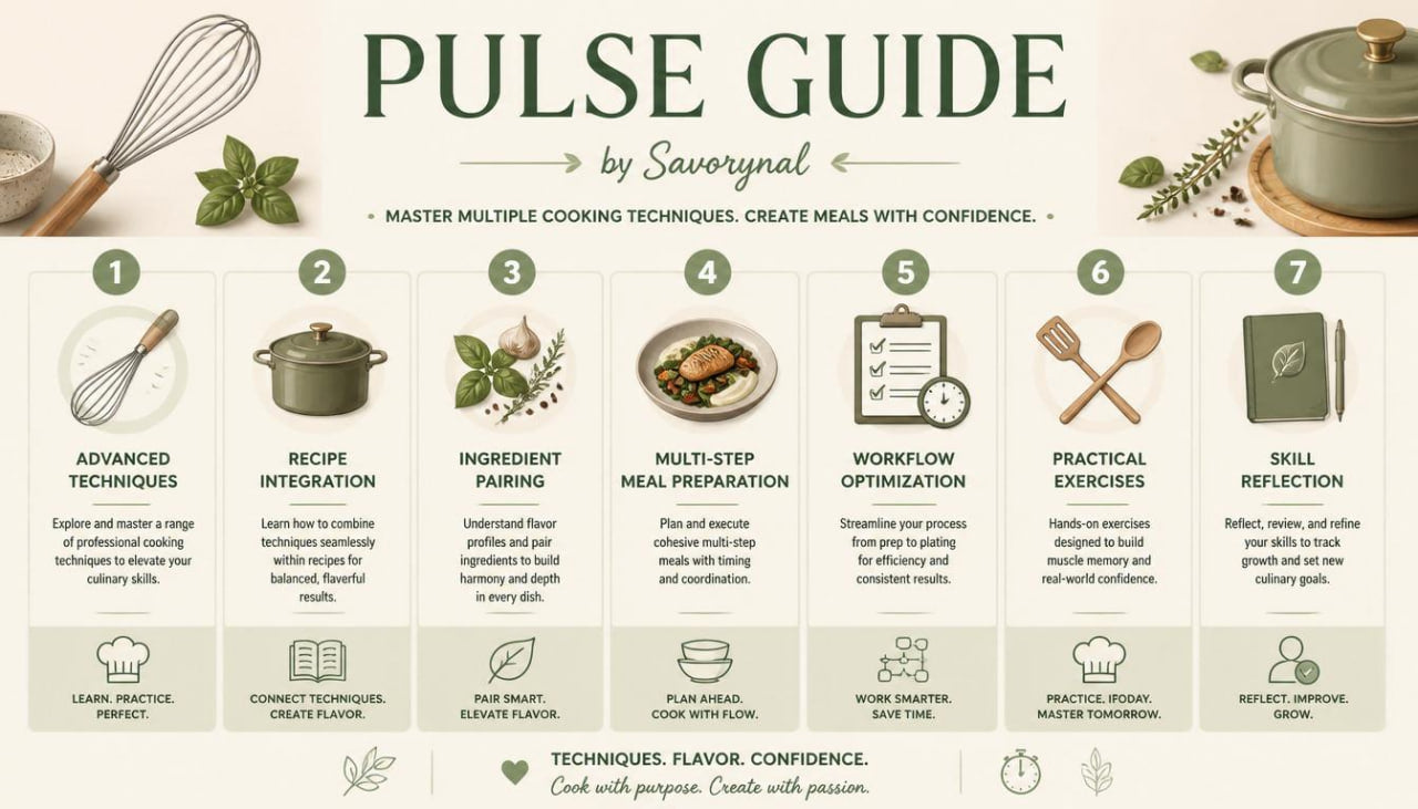 Pulse Guide by Savorynal with cooking-themed icons and text on a beige background