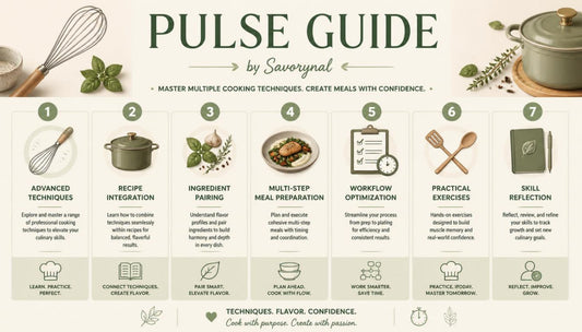 Pulse Guide by Savorynal with cooking-themed icons and text on a beige background