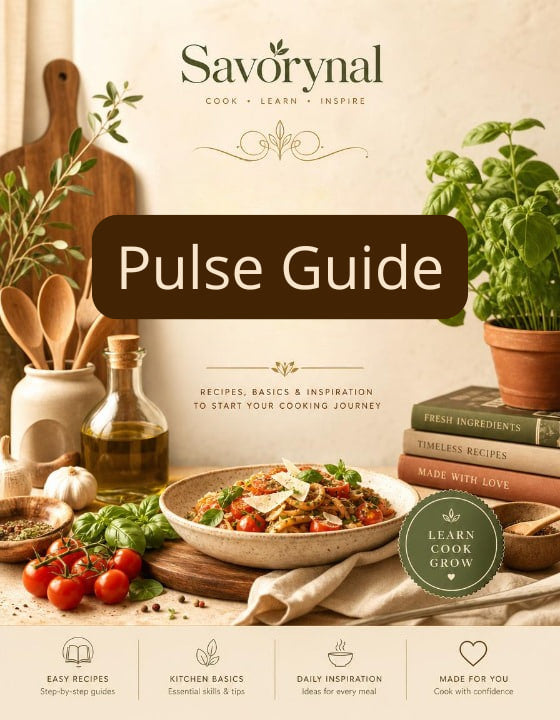 Savorynal Pulse Guide with cooking ingredients and books on a neutral background