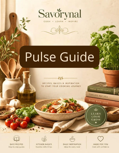 Savorynal Pulse Guide with cooking ingredients and books on a neutral background
