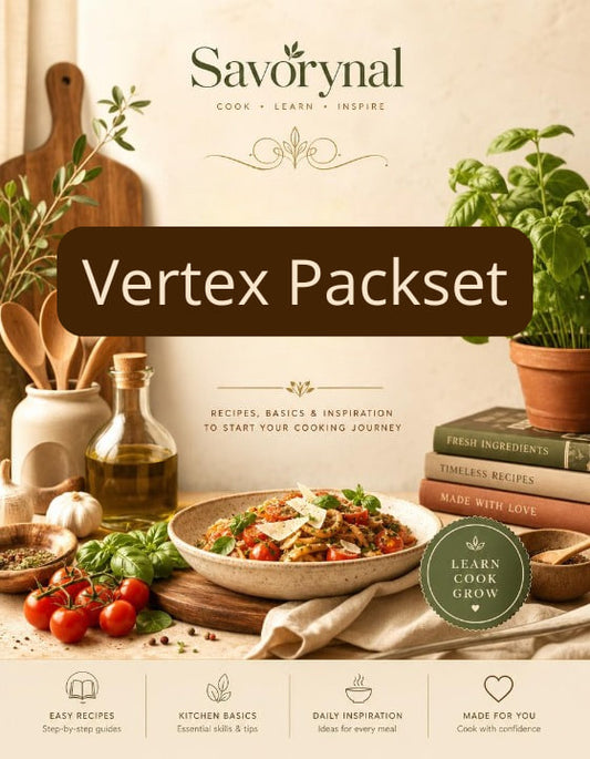 Savorynal Vertex Packset with cooking ingredients and books on a neutral background
