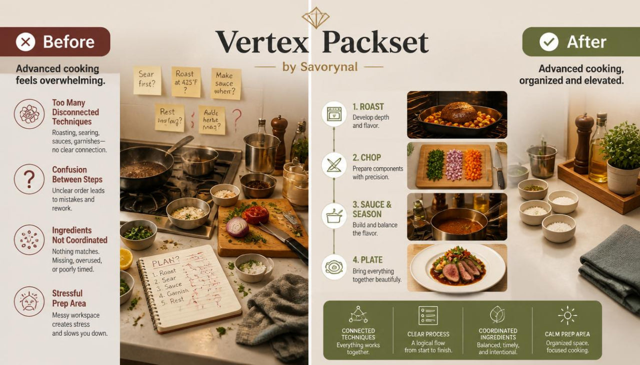 Before and after comparison of a kitchen setup with 'Vertex Packset' by Savorynal.