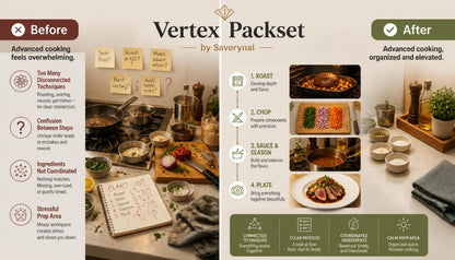 Before and after comparison of a kitchen setup with 'Vertex Packset' by Savorynal.