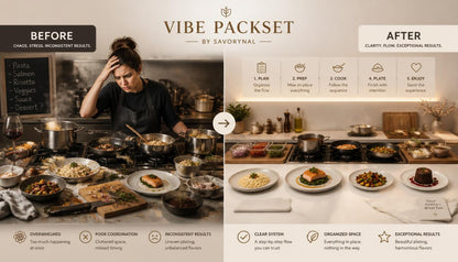 Before and after comparison of a kitchen scene with text overlay for Vibe Packset by Savoryne.