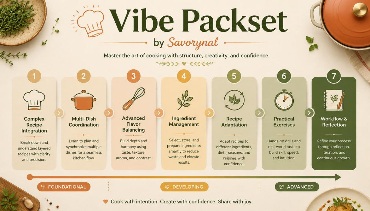 Vibe Packset by Savorynal cooking course curriculum with icons and text on a white background.